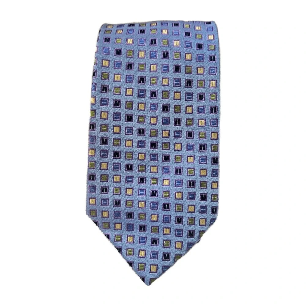 Harold Powell Tie Mens Silk Geometric Square Gold & Blue Made In Italy 58x4 inch